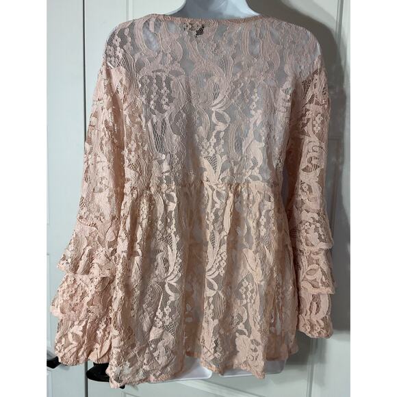 Suzanne Betro Pink Sheer Lace Babydoll Top With Layered Lace Sleeve L - Picture 5 of 7